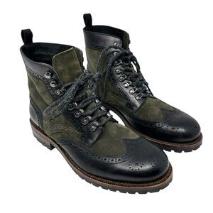 Frye George Adirondack Ruze Leather Wingtip Black and Green Laceup Boots 9.5